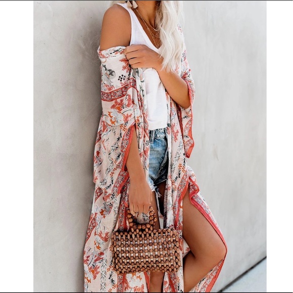 Picnic Date Tangerine & Sage Floral Kimono Top - Picture 11 of 15